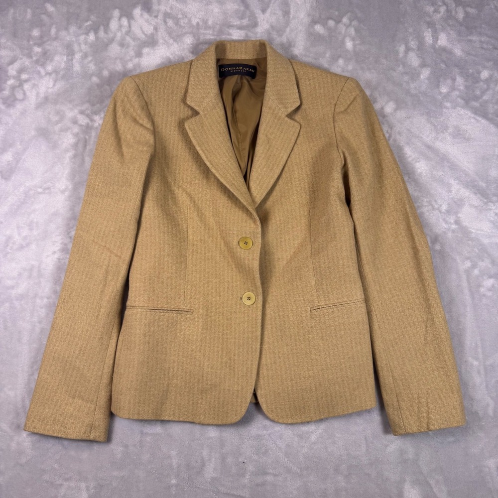 Donna Karan Signature Tan Herringbone Wool Angora Blazer Jacket Made in USA*